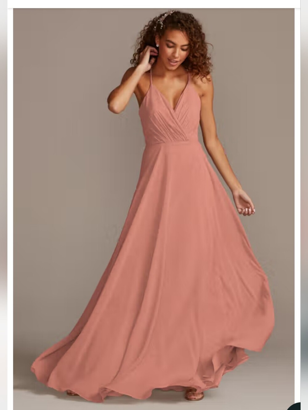 David's Bridal Spaghetti Strap V-Neck Maxi Bridesmaid Dress - Desert Coral